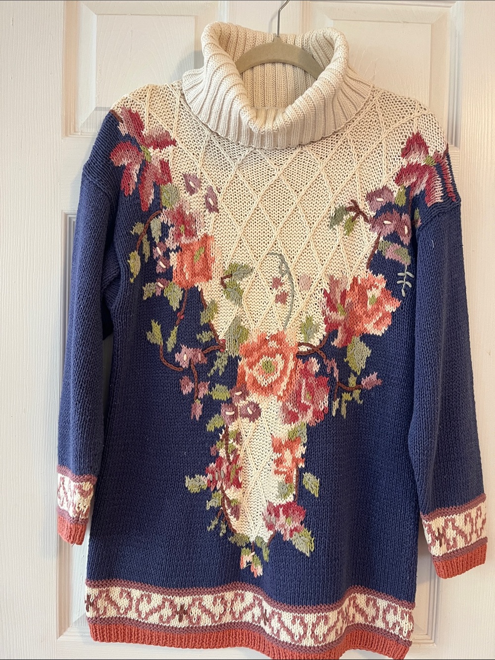 Knitwd by hand Floral Turtleneck Sweater - Navy and Cream